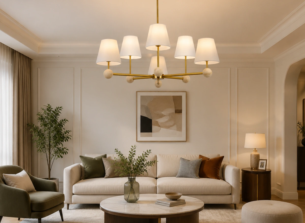 Premium travertine marble spheres and brass arm detail Strong Lighting