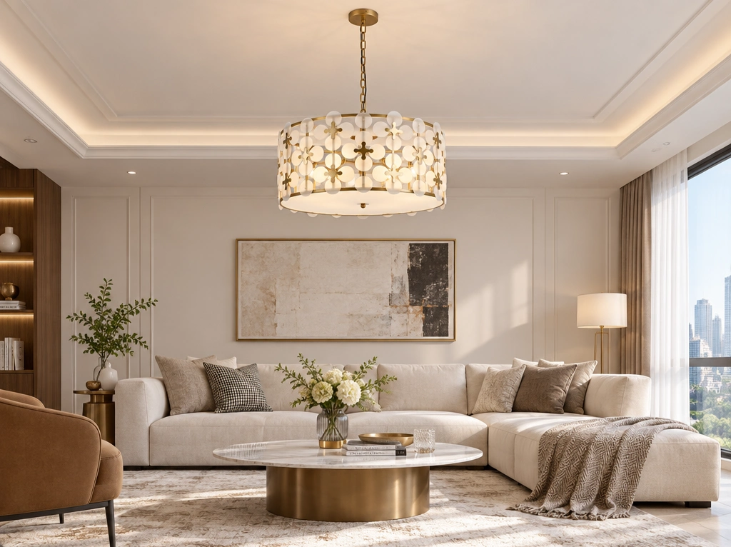 Gold painted iron frame with frosted glass petal discs, luxury drum pendant light detail from Strong Lighting